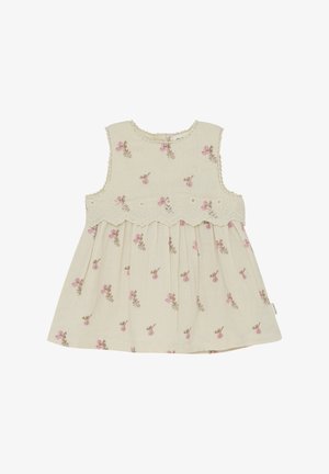 Robe bébé sans manches couleur crème avec imprimé floral rose, bordure en dentelle festonnée sur la poitrine et encolure arrondie.