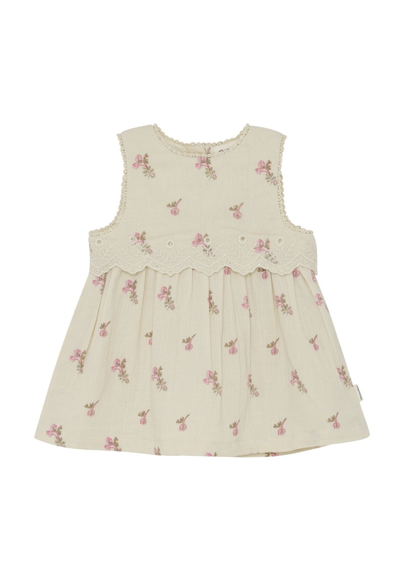 Vestito da bambina crema senza maniche con motivo floreale rosa, bordo in pizzo smerlato sul petto e scollo rotondo.