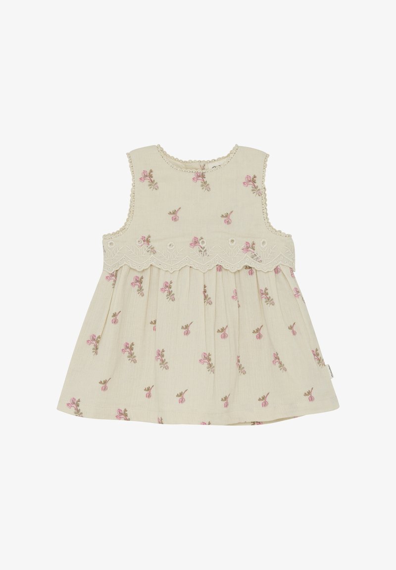 Vestito da bambina crema senza maniche con motivo floreale rosa, bordo in pizzo smerlato sul petto e scollo rotondo.