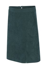 Jupe en velours côtelé vert foncé avec fente avant, ceinture, poches latérales et fermeture par un seul bouton à l'arrière.