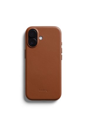 Brown leather smartphone case with dual camera cutout, flash hole, and embossed "bellroy" logo on a white background.
