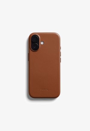Brown leather smartphone case with dual camera cutout, flash hole, and embossed "bellroy" logo on a white background.