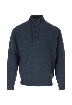 Donkerblauwe, gebreide trui met lange mouwen, hoge kraag en vier zwarte knopen op de voorkant.
