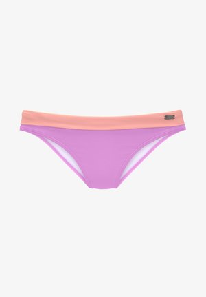 Paarse bikini onderkant met een contrasterende pink tailleband. Gemaakt van duurzame stof met een strak ontwerp en een subtiele logo-accent.