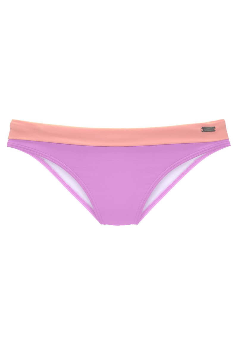 Lila Bikini-Unterteil mit einem kontrastierenden pinken Taillenbund. Hergestellt aus glattem Stoff mit einem eleganten Design und subtiler Logo-Akzentuierung.