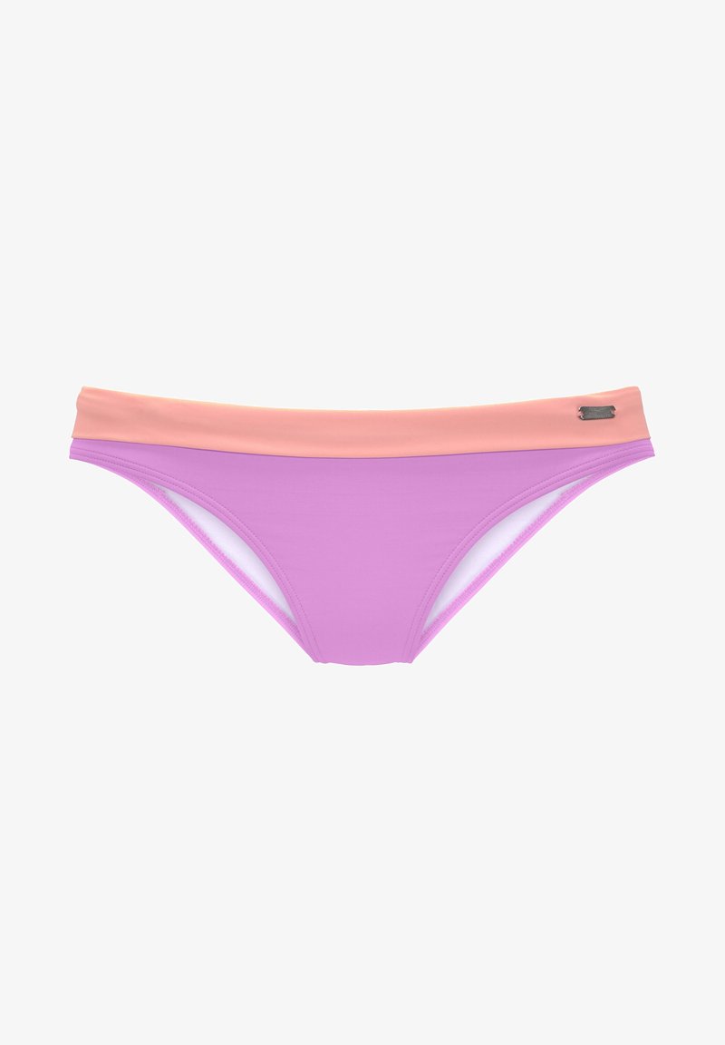 Lila Bikini-Unterteil mit einem kontrastierenden pinken Taillenbund. Hergestellt aus glattem Stoff mit einem eleganten Design und subtiler Logo-Akzentuierung.