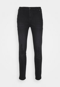 Černé skinny džíny s odřenými záplatami na obou kolenou, předním zapínáním na knoflík a zip a standardním pětipocketovým designem.