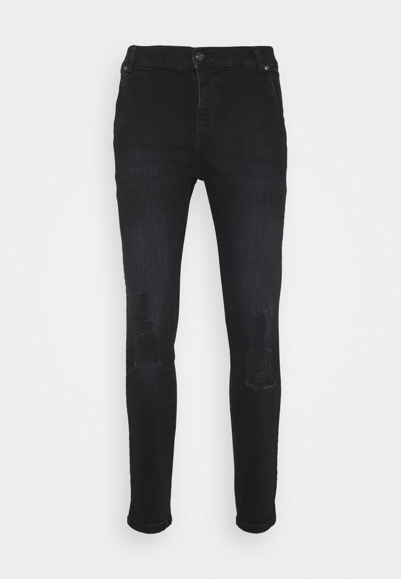 Černé skinny džíny s odřenými záplatami na obou kolenou, předním zapínáním na knoflík a zip a standardním pětipocketovým designem.