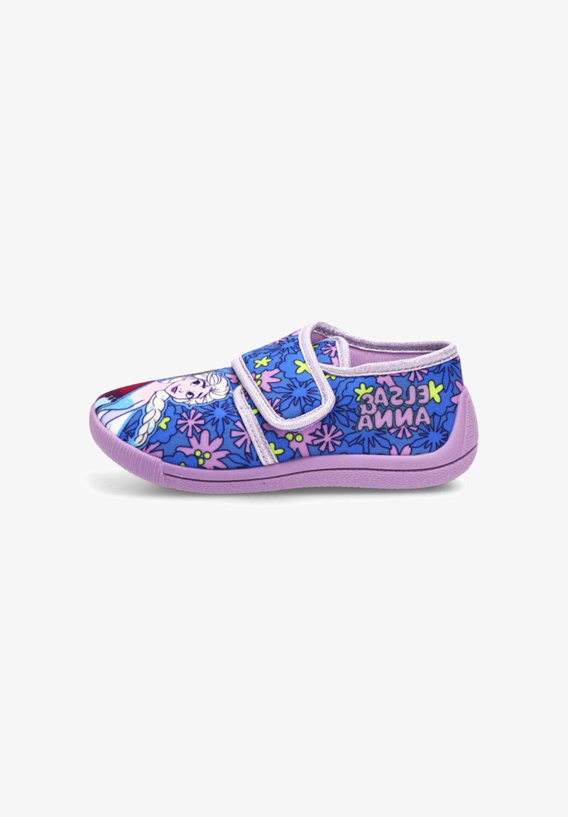 Zapatilla morada infantil con banda de Velcro, decorada con patrones florales y un personaje de dibujos animados que se asemeja a Elsa de Frozen.