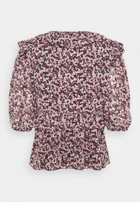Blouse fleurie foncée avec petites fleurs roses et blanches, manches mi-longues bouffantes, col à volants et détail taille péplum.