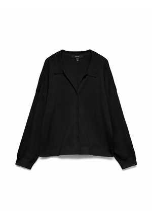Cardigan noir avec col à revers, manches longues et coupe décontractée. Il présente une fermeture à boutons et une texture lisse et douce.