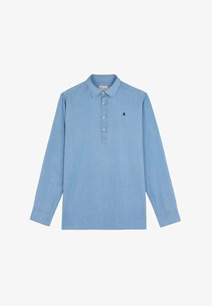 Light blue long-sleeve shirt made of soft chambray fabric. Features a buttoned placket, classic collar, and a small embroidered logo on the chest.