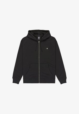 Black zip-up hoodie made of soft cotton fabric, featuring a drawstring hood, front pockets, and a small logo on the chest.