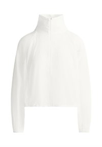 Veste blanche à manches longues avec col haut, fermeture éclair intégrale à l'avant et poignets élastiques, présentée sur un fond blanc uni.