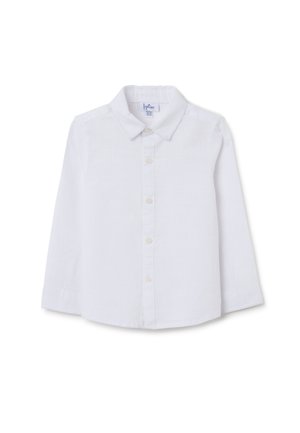 White long-sleeve shirt made of lightweight fabric, featuring a button-down front, soft collar, and plain texture. No patterns or accents.
