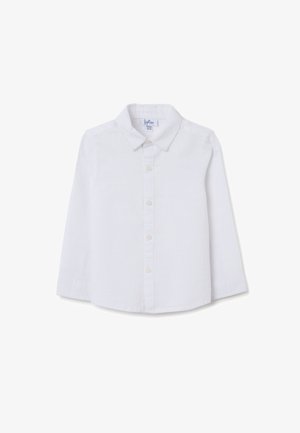 Witte blouse met lange mouwen, gemaakt van lichtgewicht stof, met een knoopsluiting aan de voorkant, zachte kraag en een effen structuur. Geen patronen of accenten.