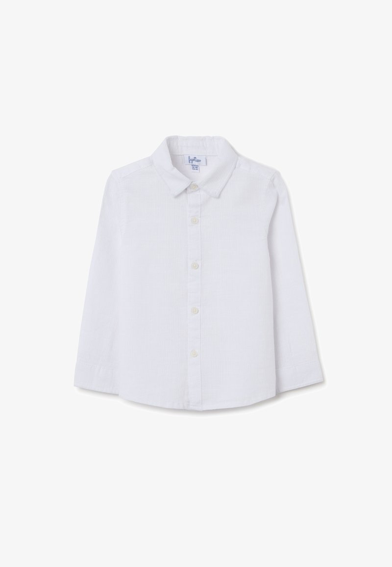 Witte blouse met lange mouwen, gemaakt van lichtgewicht stof, met een knoopsluiting aan de voorkant, zachte kraag en een effen structuur. Geen patronen of accenten.