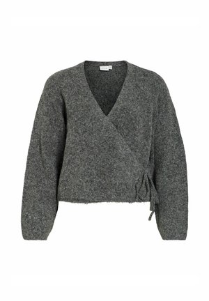 Harmaa lyhyt kietaisuneule pehmeässä, teksturoidussa kankaassa. Siinä on syvä V-pääntie, pitkät hihat ja solmittava yksityiskohta vyötäröllä.