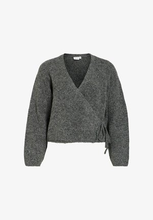 Harmaa lyhyt kietaisuneule pehmeässä, teksturoidussa kankaassa. Siinä on syvä V-pääntie, pitkät hihat ja solmittava yksityiskohta vyötäröllä.