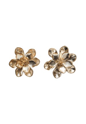 Gold-colored flower earrings with six petal-like shapes per flower, featuring a textured finish and central detail resembling stamens.