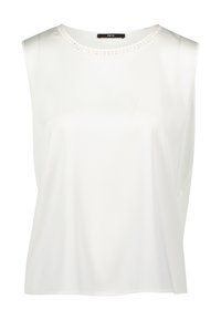 White sleeveless top with a round neckline, featuring a textured trim around the neck, made from smooth, lightweight fabric. Simple design.