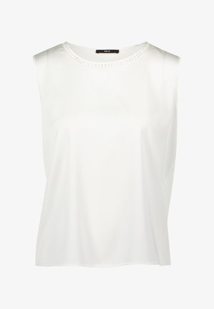 Top bianco senza maniche con scollatura rotonda, dotato di un bordo testurizzato attorno al collo, realizzato in un tessuto liscio e leggero. Design semplice.