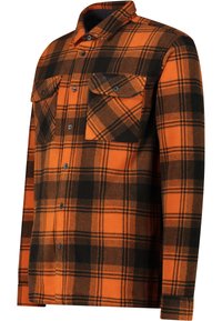 Flannel skjorte lavet af orange og sort ternet stof, med en knap-ned krave, to brystlommer og lange ærmer.