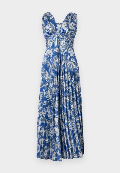 Robe maxi bleu sans manches avec motif floral cachemire blanc, encolure en V, bustier ajusté et jupe plissée fluide.
