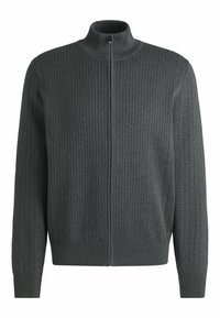 Gray zip-up sweater with a high collar, featuring a ribbed texture and long sleeves. Designed for a fitted silhouette with minimal hardware.