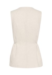 Beige linne topp med ärmlös design, peplum midja och en slät textur. Baksidan har en enkel, ren silhuett.