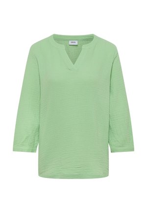 Světlounce zelená texturovaná halenka s 3/4 rukávy a rozparkovým výstřihem, označená "CECIL".