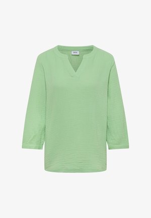 Lichtgroene blouse met textuur, 3/4 mouwen en een gespleten halslijn, met het label "CECIL".