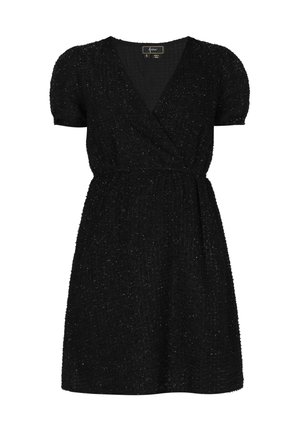 Crna, teksturirana haljina s V-izrezom, kratkim napuhanim rukavima i elastičnim strukom. Ima dizajn koji se preklapa i izrađena je od široko tkane tkanine.