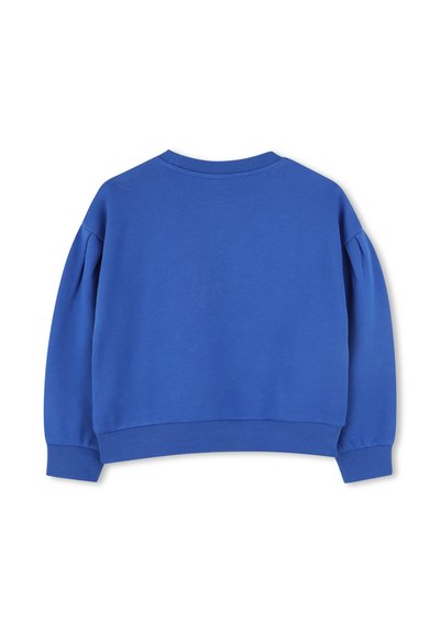 Pull en laine bleu avec un col rond, des manches longues à épaules froncées, et des bords et poignets côtelés, fabriqué en tissu en coton doux.