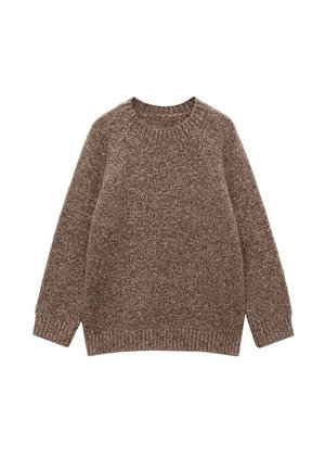 Brun meleret strikket sweater med lange ærmer, rund halsudskæring samt ribkant ved ærmer og kant, lagt fladt på en hvid baggrund.