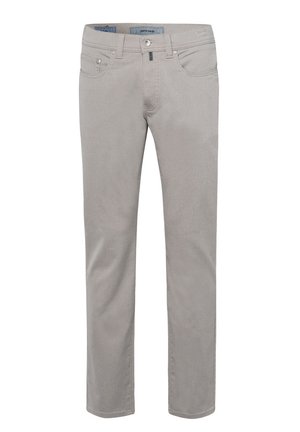 Grau Baumwollmischung-Chinos mit Slim-Fit, fünf Taschen und Reißverschluss. Verfügt über feine Nähte und Metallbeschläge.