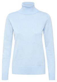 Hellblaues Rollkragenpullover aus weichem Stoff mit ribbeltem Kragen, langen Ärmeln und einer taillierten Passform. Glatte Textur und dezente Farbe.