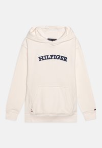 Bluza z kapturem w kremowym kolorze, wykonana z mieszanki bawełny, z przednią kieszenią, regulowanym kapturem oraz haftowanym logo "HILFIGER" w granatowym kolorze.