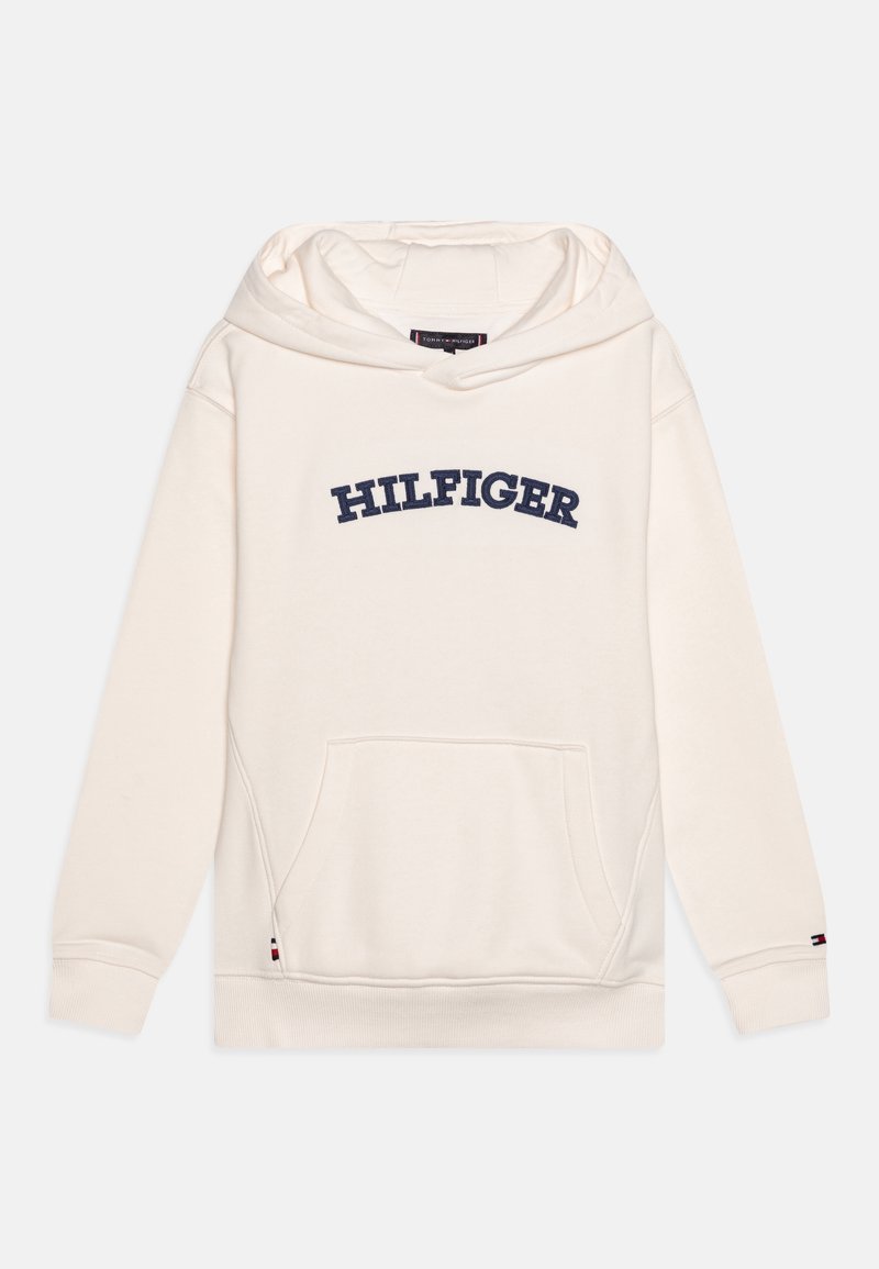 Bluza z kapturem w kremowym kolorze, wykonana z mieszanki bawełny, z przednią kieszenią, regulowanym kapturem oraz haftowanym logo "HILFIGER" w granatowym kolorze.