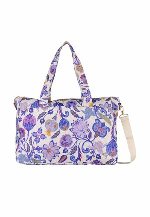 Sac cabas rectangulaire à motif floral dans des tons pourpres, bleus et roses avec deux poignées et une bandoulière beige réglable.