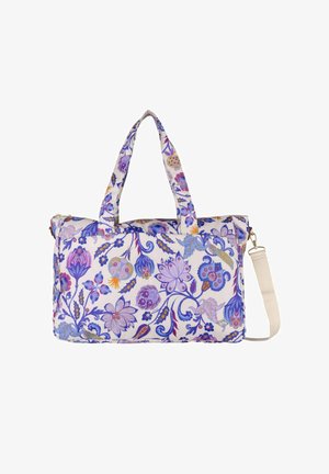 Rechthoekige tas met bloemenpatroon in paarse, blauwe en roze tinten met dubbele handvatten en een verstelbare beige schouderband.