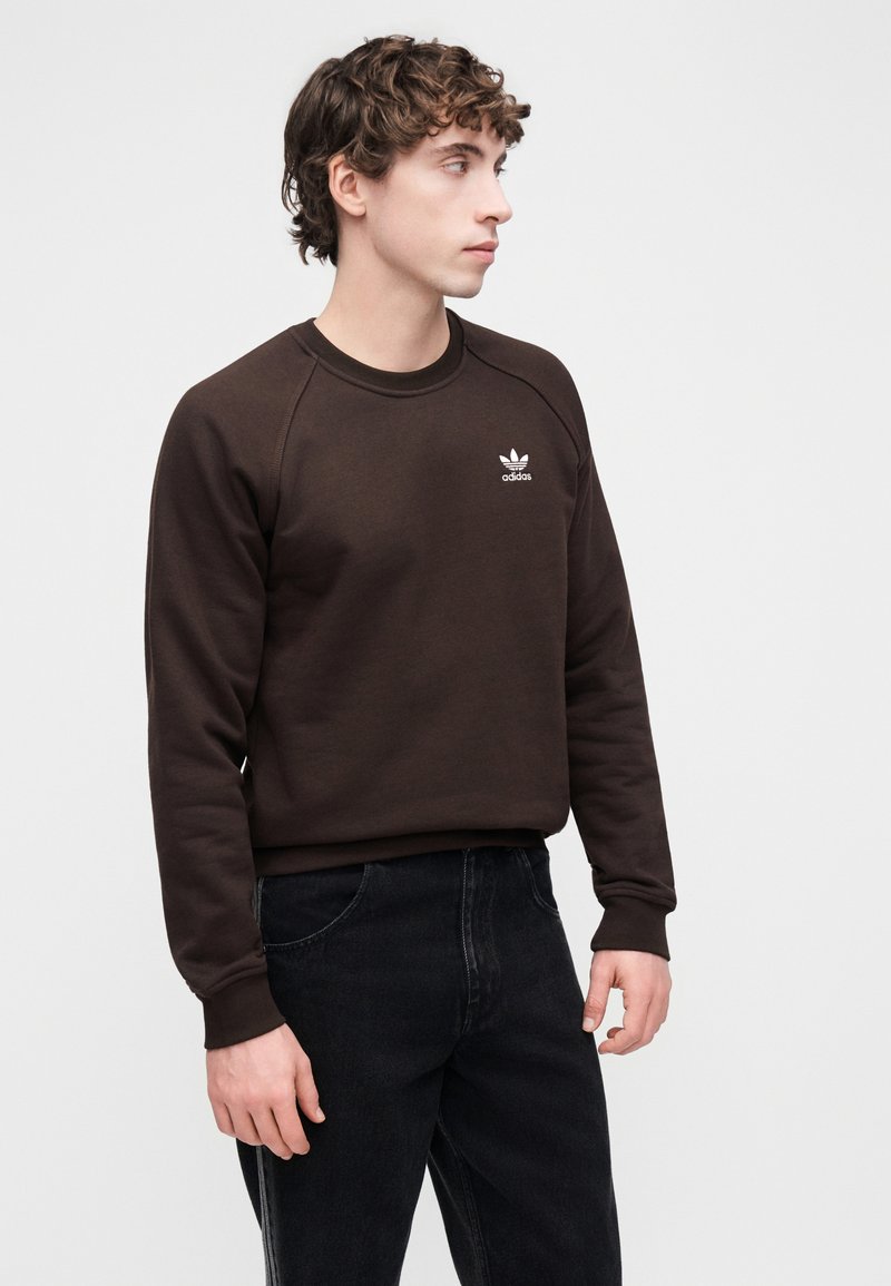 Brun sweatshirt med rund hals och långa ärmar, med en vit Adidas-logotyp på bröstet. Kombinerad med mörka jeans. Slät textur.