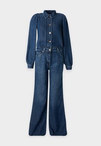 Jeansdress med krage, knappestolpe, puff ermer og vide ben. Har en tettsittende midje, mørkeblå stoff og minimale sømdetaljer.