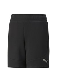 Czarne sportowe szorty wykonane z miękkiego materiału z elastycznym pasem, wyposażone w boczne kieszenie oraz odblaskowe srebrne logo Puma.