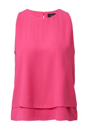 Haut sans manches fuchsia avec un col rond et une fermeture éclair au dos. Tissu léger avec un ourlet superposé pour plus de mouvement.