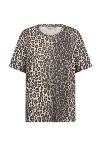 Leopard print t-shirt in beige and black, featuring a round neckline and short sleeves, made of soft fabric with a relaxed fit.