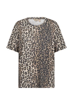 T-shirt imprimé léopard en beige et noir, avec un col rond et des manches courtes, fabriqué en tissu doux et à coupe décontractée.