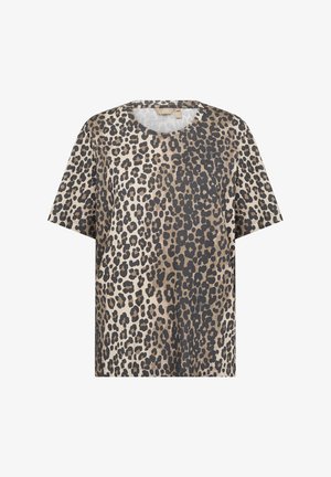 Leopard print t-shirt in beige and black, featuring a round neckline and short sleeves, made of soft fabric with a relaxed fit.