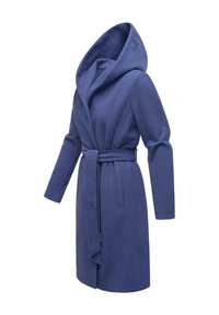 Cappotto in misto lana blu scuro con cappuccio, maniche lunghe, cintura in vita, tasche laterali e dettagli ricamati sulla manica.