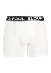 Weiße Boxershorts aus glattem Material, mit einem schwarzen elastischen Bund, auf dem "BLOUNT & POOL" in Weiß gedruckt ist. Kurze Länge, enganliegendes Design.